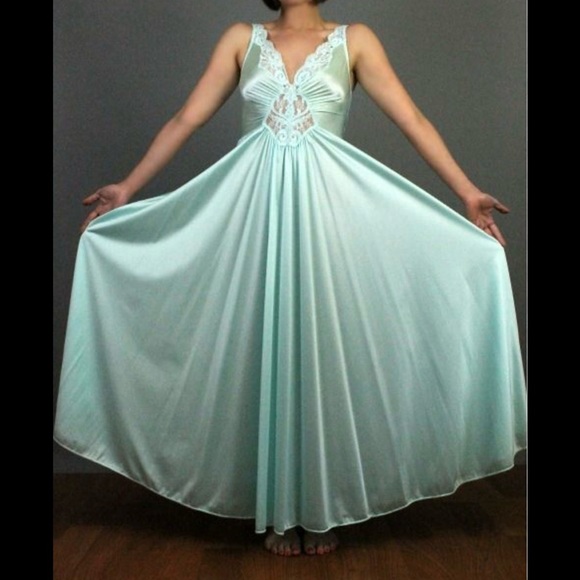 M Vintage 70s Olga Teal stretchy satin-like maxi dress nightgown - Picture 2 of 16